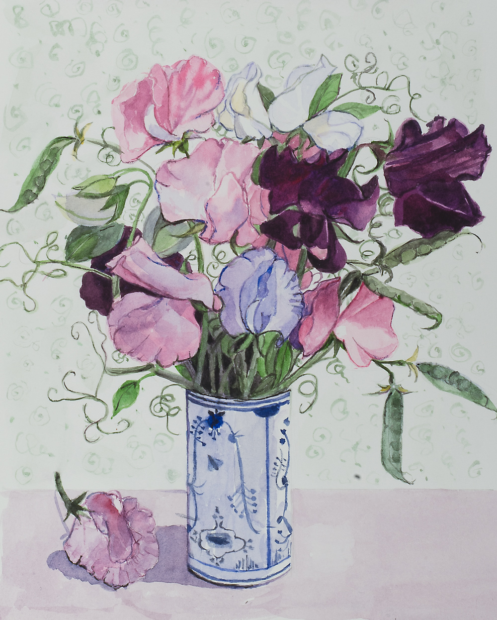 Sweet Peas in blue and white Pot